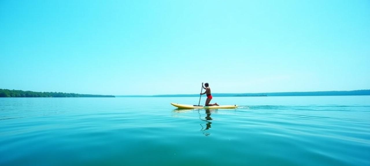 A person paddleboarding on a calm Lake Ontario