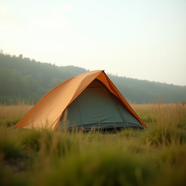 An ultralight 2-person tent set up in a grassy field